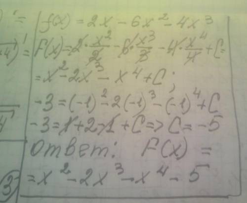 ів Знайдіть для функції f(x) = 2x − 6x^2 − 4x^3 первісну, графік якої проходить через точку A(−1; −3