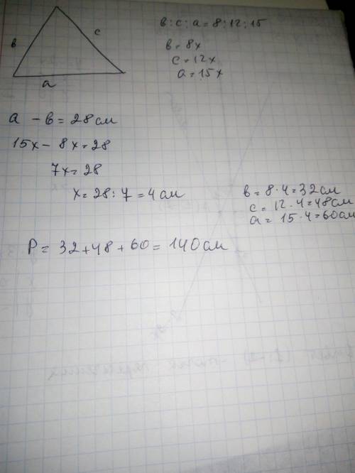 Обчисліть периметр трикутника, якщо довжина сторінки відновиться, як 8:12:15, а найдовша сторона біл