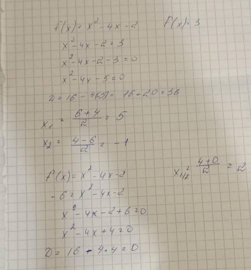 Дана функция f(x) = x^2-4x-2. Найди значение аргумента x, при котором F(x) = 3 ответ: что-то и что-т