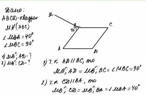 Точка М не належить площині квадрата ABCD, ZMBA =-40°,ZMBC = 90°. Знайдіть кут між прямими: 1) MB iA