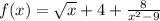 f(x)= \sqrt{x} + 4 + \frac{8}{x { {}^{2} }^{ } - 9 }