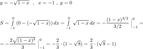 y=-\sqrt{1-x}\ \ ,\ \ x=-1\ ,\ y=0\\\\\\S=\int\limits^0_{-1}\, (0-(-\sqrt{1-x}))\, dx=\int\limits_{-1}^0\, \sqrt{1-x}\, dx=-\dfrac{(1-x)^{3/2}}{3/2}\ \Big|_{-1}^0=\\\\\\=-\dfrac{2\sqrt{(1-x)^3}}{3}\ \Big|_{-1}^0=-\dfrac{2}{3}\cdot (1-\sqrt8)=\dfrac{2}{3}\cdot (\sqrt8-1)