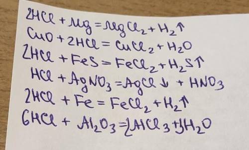 1 HCl+Mg 2. CuO+HCl 3.HCI+FeS 4. HCI+AgNO3 5. HCI+Fe 6. HCl+Al2O3