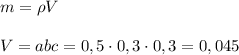 m = \rho V\\\\V = abc = 0,5\cdot 0,3\cdot 0,3 = 0,045