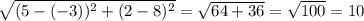 \sqrt{(5 - ( - 3))^{2} + (2 - 8)^{2} } = \sqrt{64 + 36} = \sqrt{100} = 10