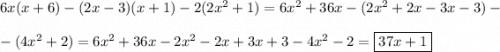 6x(x+6) - (2x-3)(x+1) - 2(2x^2 + 1) = 6x^2 + 36x - (2x^2 + 2x - 3x - 3) -\\\\-(4x^2+2) = 6x^2 + 36x - 2x^2 - 2x + 3x + 3 - 4x^2 - 2 = \boxed{37x+1}