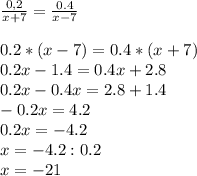 \frac{0,2}{x+7}= \frac{0.4}{x-7} \\\\0.2*(x-7) = 0.4*(x+7)\\0.2x-1.4=0.4x+2.8\\0.2x-0.4x=2.8+1.4\\-0.2x=4.2\\0.2x= -4.2\\x=-4.2:0.2\\x= -21