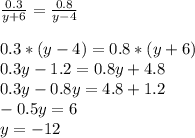 \frac{0.3}{y+6}= \frac{0.8}{y-4} \\\\0.3*(y-4)=0.8*(y+6)\\0.3y-1.2=0.8y+4.8\\0.3y-0.8y=4.8+1.2\\-0.5y=6\\y= -12