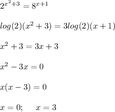 2^{x^2+3}=8^{x+1}\\\\log(2)(x^2+3)=3log(2)(x+1)\\\\x^2+3=3x+3\\\\x^2-3x=0\\\\x(x-3)=0\\\\x=0;\;\;\;\;\;x=3