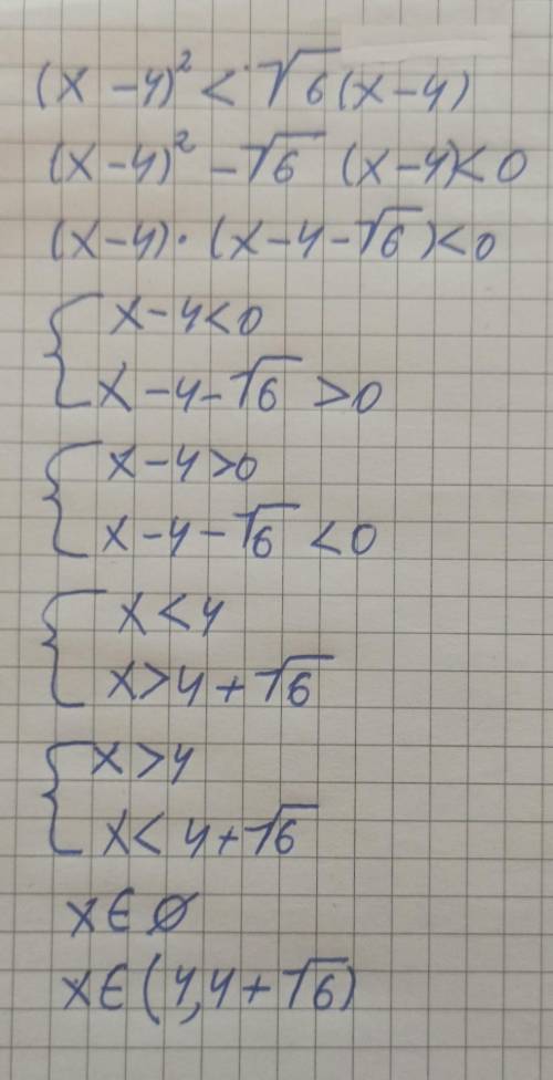 Решите неравенство.(x-4)²<√6(x-4)​