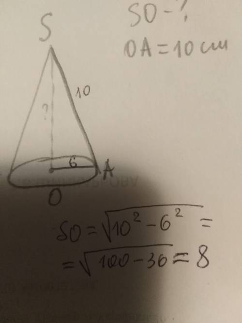 Радіус основи конуса 6 см. Знайти висоту конуса, якщо твірна-10 см​
