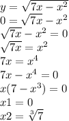 y=\sqrt{7x-x^{2} } \\0=\sqrt{7x} - x^{2} \\\sqrt{7x} - x^{2} = 0\\\sqrt{7x} = x^{2} \\7x = x^4\\7x-x^4=0\\x(7-x^3)=0\\x1 = 0\\x2 =\sqrt[3]{7}