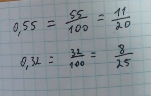 Запишите десятичную дробь в виде обыкновенной дроби: а) 0,55; б) 0,32