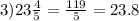 3)23 \frac{4}{5} = \frac{119}{5} = 23.8