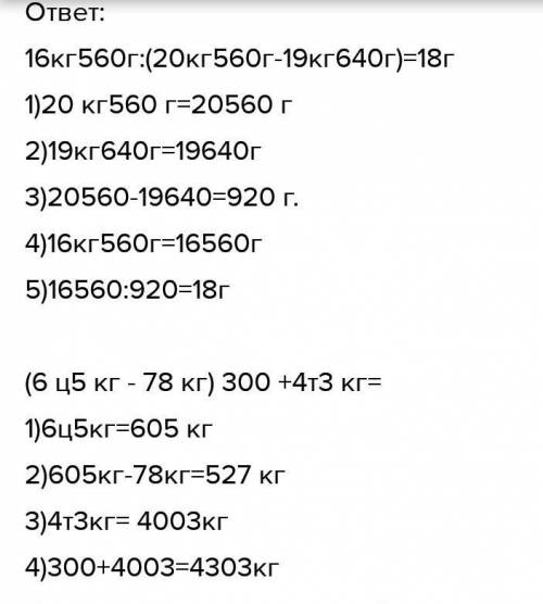 4) Вычисли. 16 кг 560 г: (20 кг 560 г - 19 кг 640 г)(6 ц 5 кг - 78 кг) - 300 +4T3 кг4ч 5 мин. 2+6ч 1