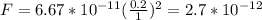 F=6.67*10^{-11}(\frac{0.2}{1})^{2} = 2.7*10^{-12}