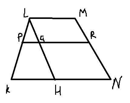 В трапеции KLMN на боковой стороне обозначена точка R так, что MR:RN=3:4. Прямая PR, параллельная ос