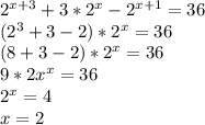 2^{x+3}+3*2^{x}-2^{x+1} =36\\(2^{3} +3-2)*2^{x}=36\\(8+3-2)*2^{x}=36\\9*2x^{x} =36\\2^{x} =4\\x=2\\