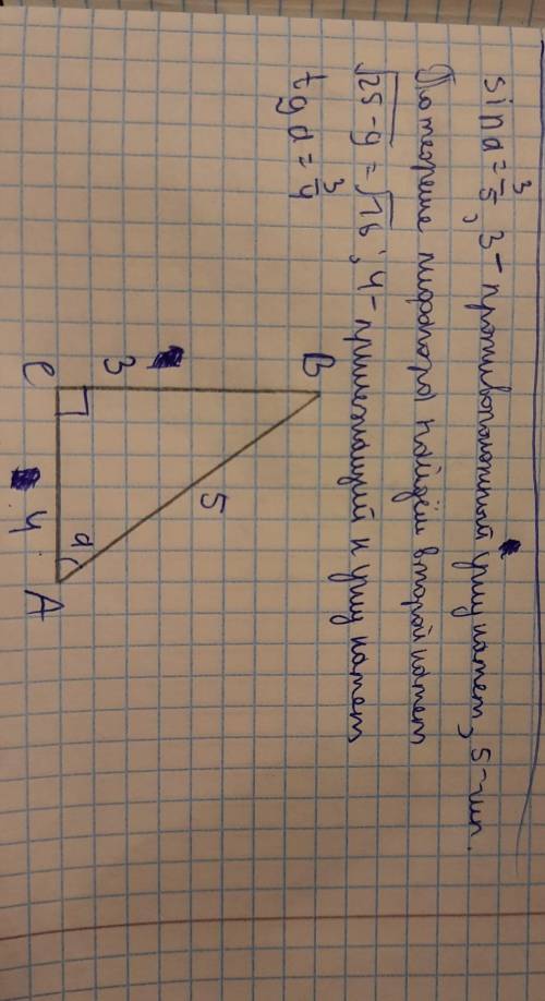 A=острый угол прямоугольного треугольника, где sin a =3/5 помгити
