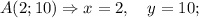 A(2; 10) \Rightarrow x=2, \quad y=10;