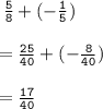 \tt \: \frac{5}{8} + ( - \frac{1}{5} ) \\ \\ \tt \: = \frac{25}{40} + ( - \frac{8}{40} ) \\ \\ \tt \: = \frac{17}{40}