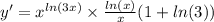 y '= {x}^{ ln(3x) } \times \frac{ ln(x) }{x} (1 + ln(3)) \\