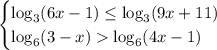 \begin{equation*}\begin{cases}\log_{3}(6x-1) \leq \log_{3}(9x+11)\\\log_{6}(3-x) \log_{6}(4x-1)\end{cases}\end{equation*}