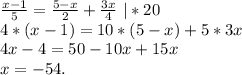 \frac{x-1}{5}=\frac{5-x}{2}+\frac{3x}{4} \ |*20\\4*(x-1)=10*(5-x)+5*3x\\4x-4=50-10x+15x\\x=-54.