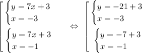 \left[\begin{gathered}\begin{equation*}\begin{cases}y = 7x + 3\\x = -3\end{equation*}\\\begin{equation*}\begin{cases}y = 7x + 3\\x = -1\end{cases}\end{equation*}\end{gathered}\ \ \ \Leftrightarrow\ \left[\begin{gathered}\begin{equation*}\begin{cases}y = -21 + 3\\x = -3\end{equation*}\\\begin{equation*}\begin{cases}y = -7 + 3\\x = -1\end{cases}\end{equation*}\end{gathered}