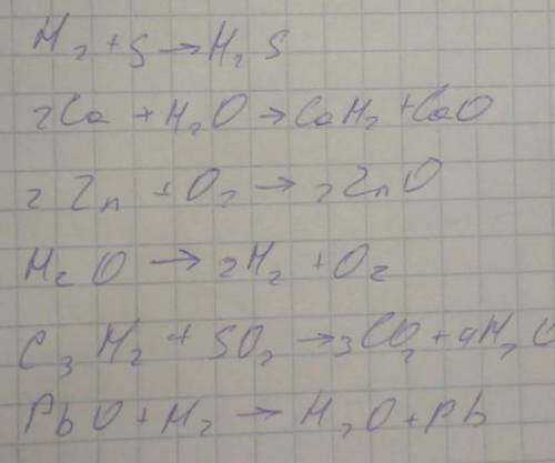 Допишите уравнения реакций: [6] H2 + S →Ca + H2O →Zn + O2→H2O →С3H8 + O2 → PbO + H2 →​