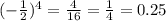 (- \frac{1}{2})^{4} = \frac{4}{16} = \frac{1}{4} = 0.25