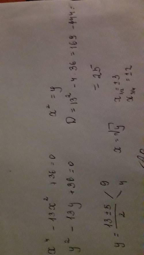 решить биквадратное уравнение Икс 4 степени минус 13 Икс квадрате плюс 36 равно нулю​