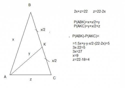 Периметр равнобедренного △АВС с основанием АС равен 22 см. Медиана АК делит этот треугольник на два