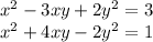 x^{2} -3xy+2y^{2}=3\\ x^{2}+4xy-2y^{2}=1