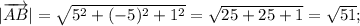 |\overrightarrow {AB}|=\sqrt{5^{2}+(-5)^{2}+1^{2}}=\sqrt{25+25+1}=\sqrt{51};