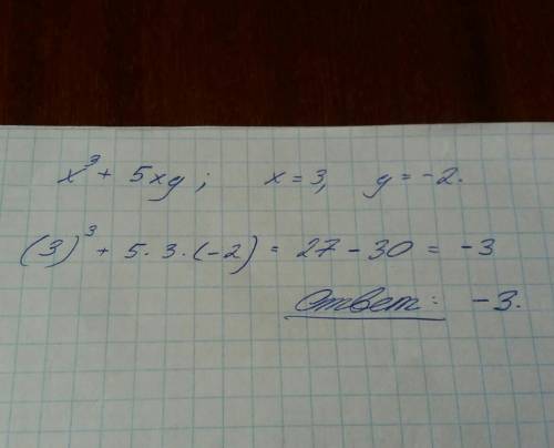 Знайдіть значення многочлена x^3+5xy якщо x=3, y=-2