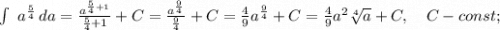 \int\ {a^{\frac{5}{4}}} \, da =\frac{a^{\frac{5}{4}+1}}{\frac{5}{4}+1}+C=\frac{a^{\frac{9}{4}}}{\frac{9}{4}}+C=\frac{4}{9}a^{\frac{9}{4}}+C=\frac{4}{9}a^{2}\sqrt[4]{a}+C, \quad C-const;