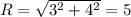R=\sqrt{3^{2}+4^{2} } =5
