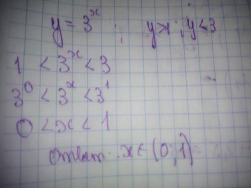 При каких значениях x значение функции y=3^x больше 1, но меньше 3