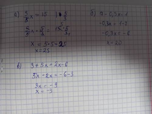 Найдите корень уравнения A) 3/5х=15 Б)7-0,3х=1 В) 3+5х=2х-6