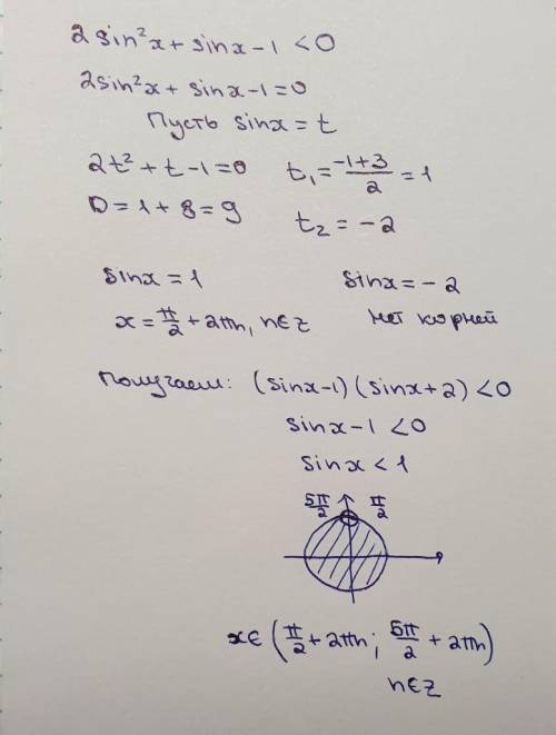 Решите неравенство: 2sin^2x+sinx-1< 0​