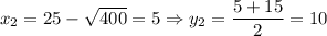 x_2=25-\sqrt{400} =5\Rightarrow y_2=\dfrac{5+15}{2} =10