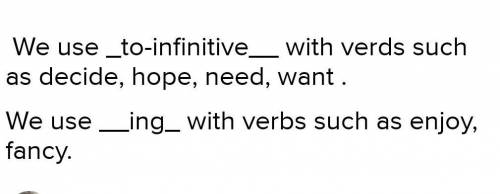 HELP PLEASE Complete the rules with to+ infinitive or -ing. We use ___ with verbs such as decide,hop