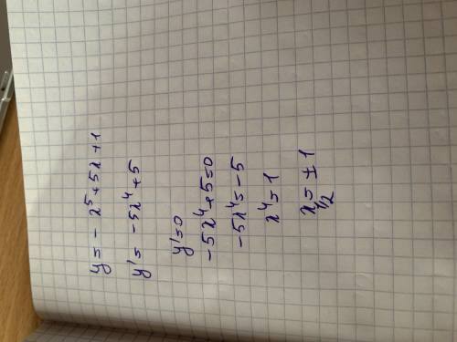 Найти значения x при которых значение производной функции y=-(x^5)+5x +1 равно 0