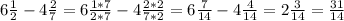 6\frac{1}{2}- 4\frac{2}{7}= 6\frac{1*7}{2*7}- 4\frac{2*2}{7*2}= 6\frac{7}{14}- 4\frac{4}{14}=2\frac{3}{14} = \frac{31}{14}