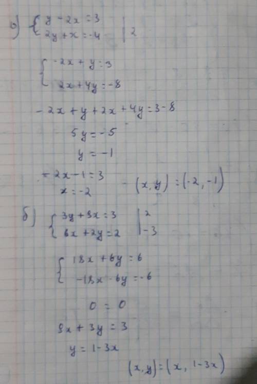 3. Решить графически систему уравнений: а)(y-2x=3 (2y+x= -4б) ( Зу + 9x = 3 ( 6x + 2y = 2​