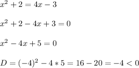 x^{2}+2=4x-3\\\\x^{2}+2-4x+3=0\\\\x^{2}-4x+5=0\\\\D=(-4)^{2}-4*5=16-20=-4