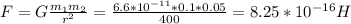 F=G\frac{m_{1} m_{2}}{r^{2} }=\frac{6.6*10^{-11}*0.1*0.05}{400}=8.25*10^{-16} H