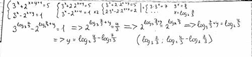 Система уравнений 3^x+2^(x+y+1)=5 3^x-2^(x+y)=1