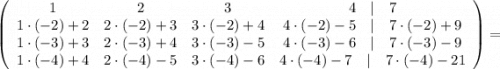 \left(\begin{array}{cccc}1&2&3&4\quad | \quad 7\\1 \cdot (-2)+2&2 \cdot (-2)+3&3 \cdot (-2)+4&4 \cdot (-2)-5 \quad | \quad 7 \cdot (-2)+9\\1 \cdot (-3)+3&2 \cdot (-3)+4&3 \cdot (-3)-5&4 \cdot (-3)-6 \quad | \quad 7 \cdot (-3)-9\\1 \cdot (-4)+4&2 \cdot (-4)-5&3 \cdot (-4)-6&4 \cdot (-4)-7 \quad | \quad 7 \cdot (-4)-21\end{array}\right)=